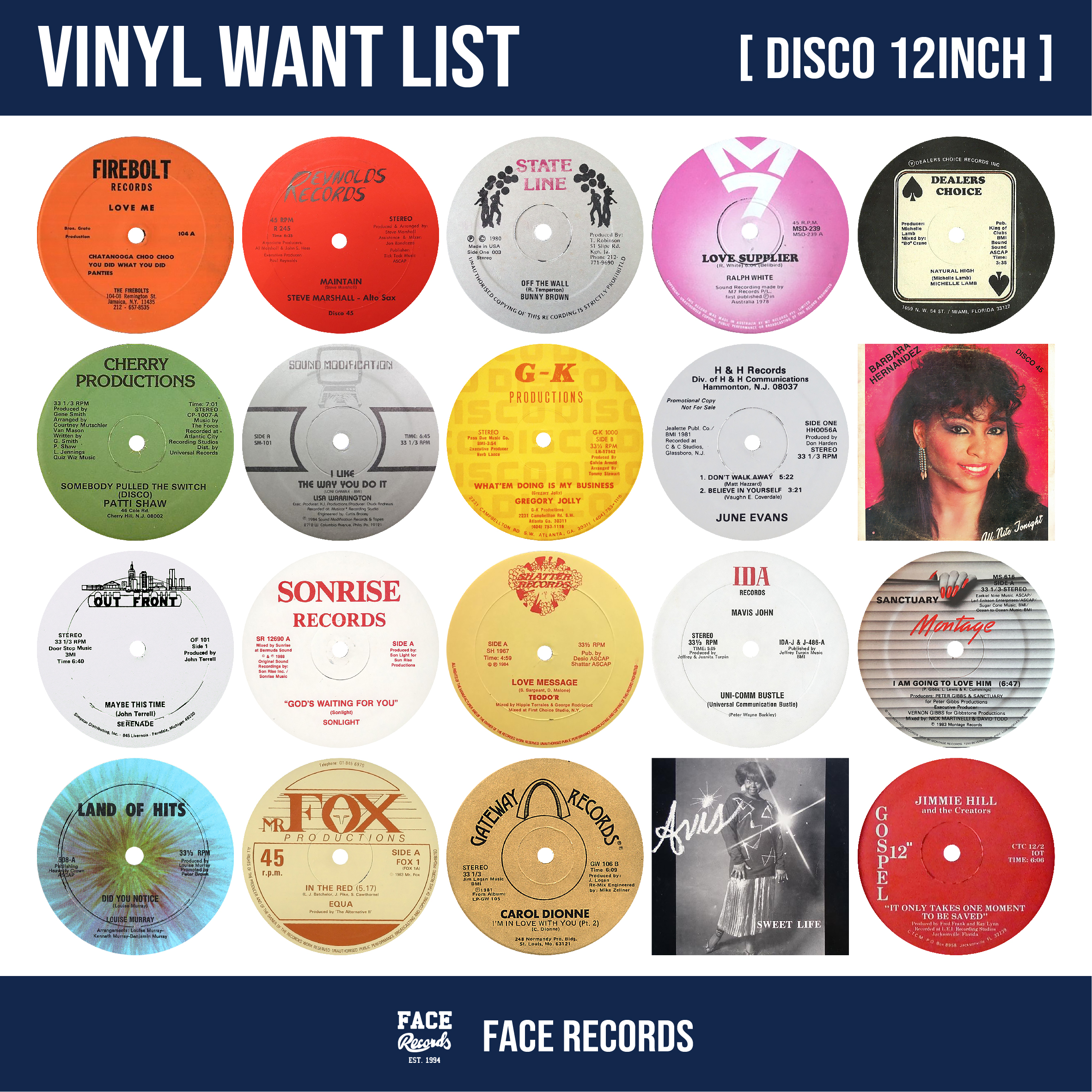 《FACE RECORDS VINYL WANT LIST -DISCO 12インチ- 高価買取リスト公開中》